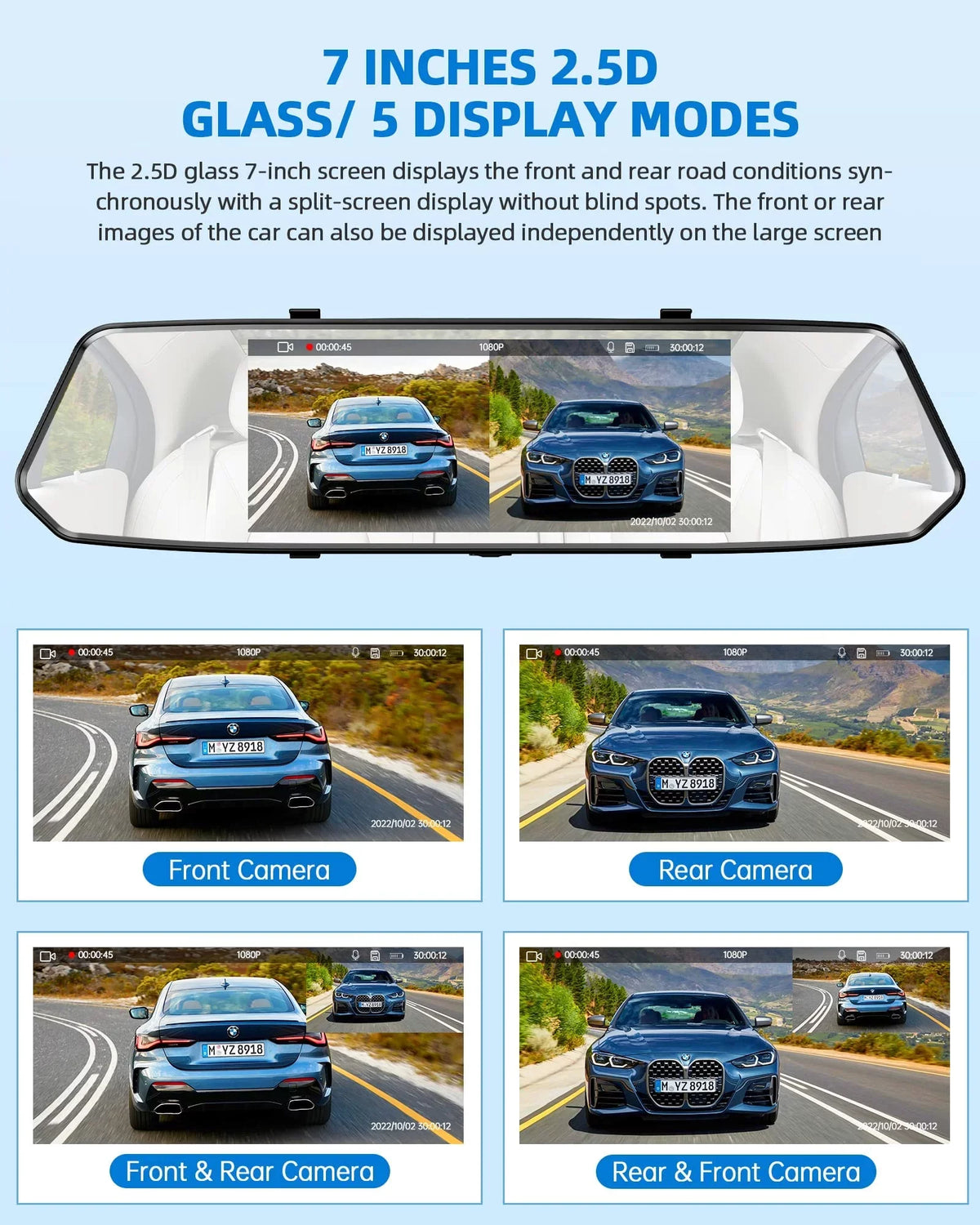 G-Sensor Motion Infrared Dash Vision, TOGUARD Front Camera Rear, 7" Dual Dash Screen, IPS 1080P Night Cam Mirror Detection, and Touch