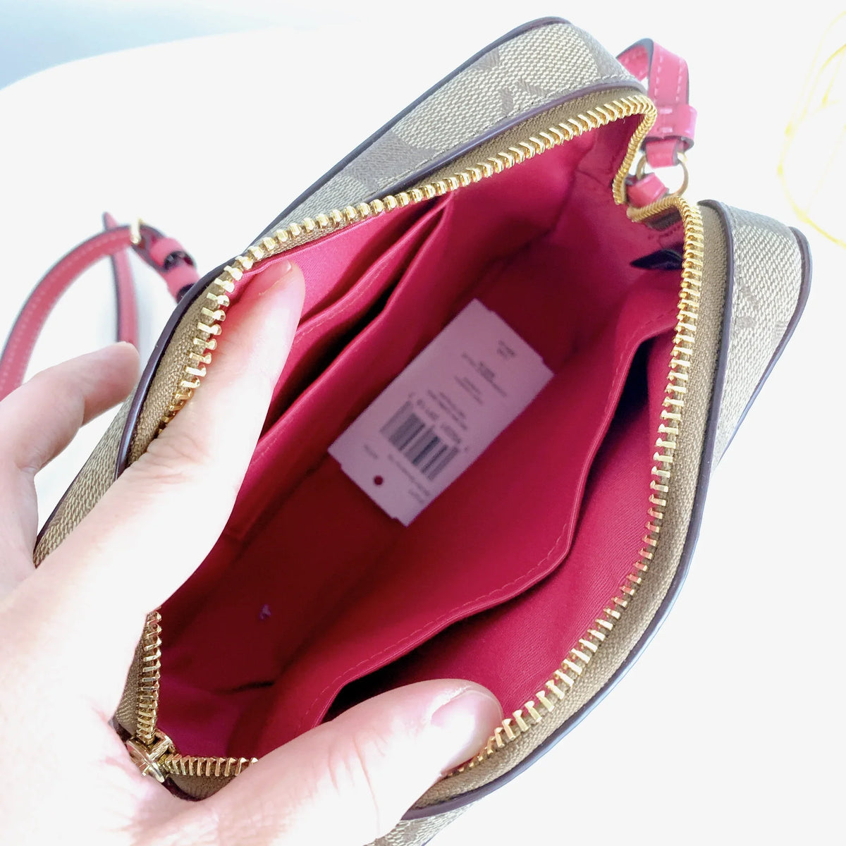 Camera Bag Mini In In Signature HZ Canvas 91677 GOLD/KH/STRWBRRY Coach