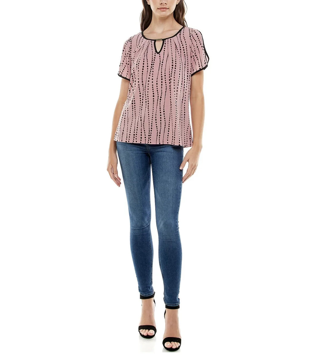 Size Women's and Contrast Top Adrienne Keyhole Sleeve Vittadini Split Binding