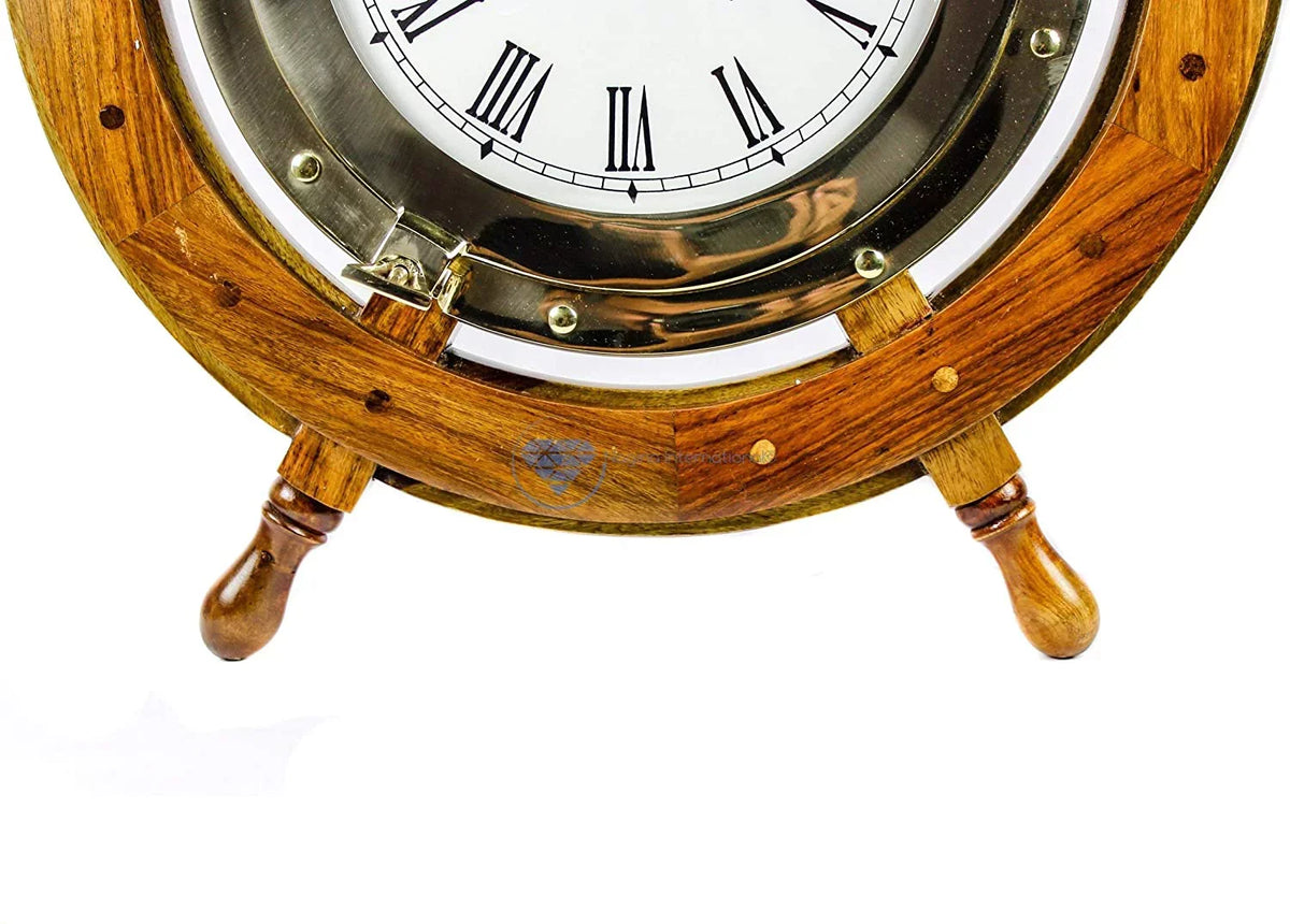 | Tim'es Vintage Brass Porthole Clock (18 Pirate's Wheel Inches) Maritime Gift Ship Full Nagina International Nautical