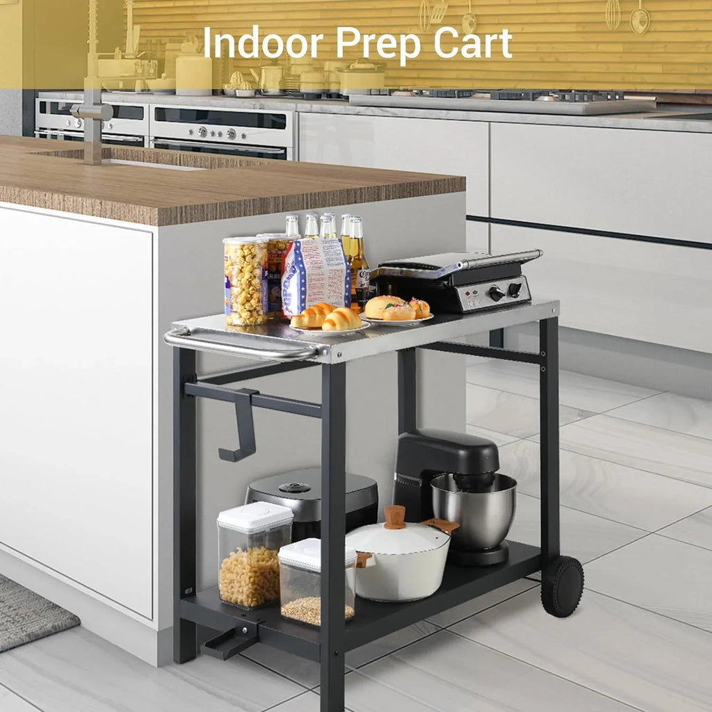 Handle, Food L33.5 Cart, on Movable w/Hooks, 2 Pizza Prep Table, Table Work Oven Kitchen Cart, x Wheels, Double-Shelf Worktable Stainless x Steel Bar Dining H31.8 W19.7 Dining exterior Room