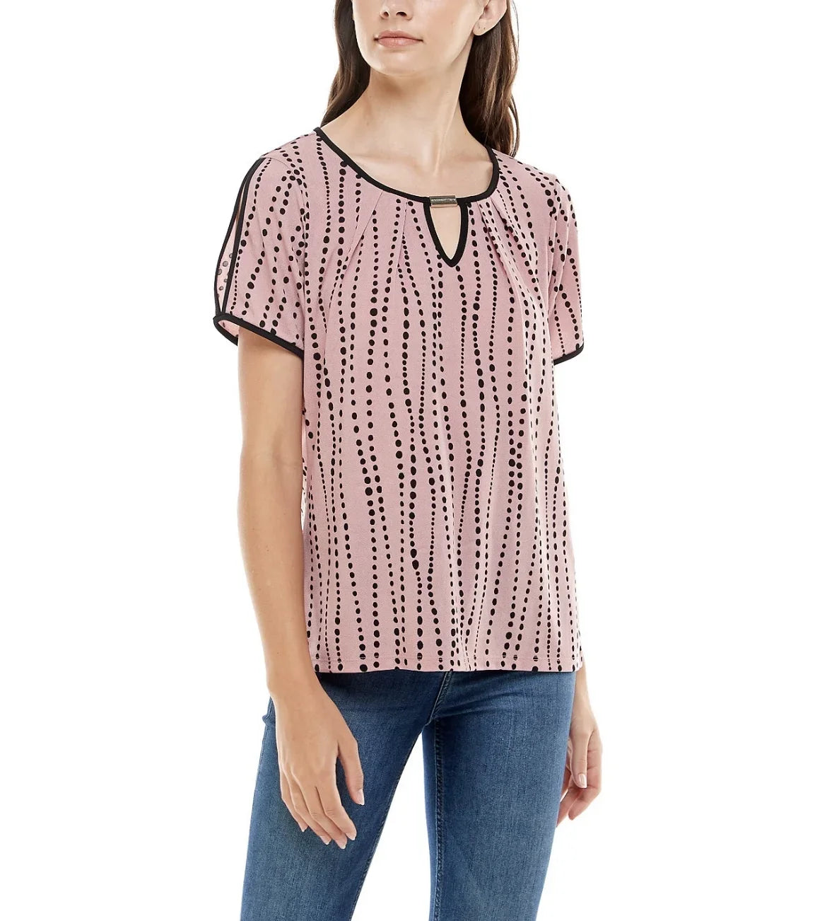 Size Women's and Contrast Top Adrienne Keyhole Sleeve Vittadini Split Binding