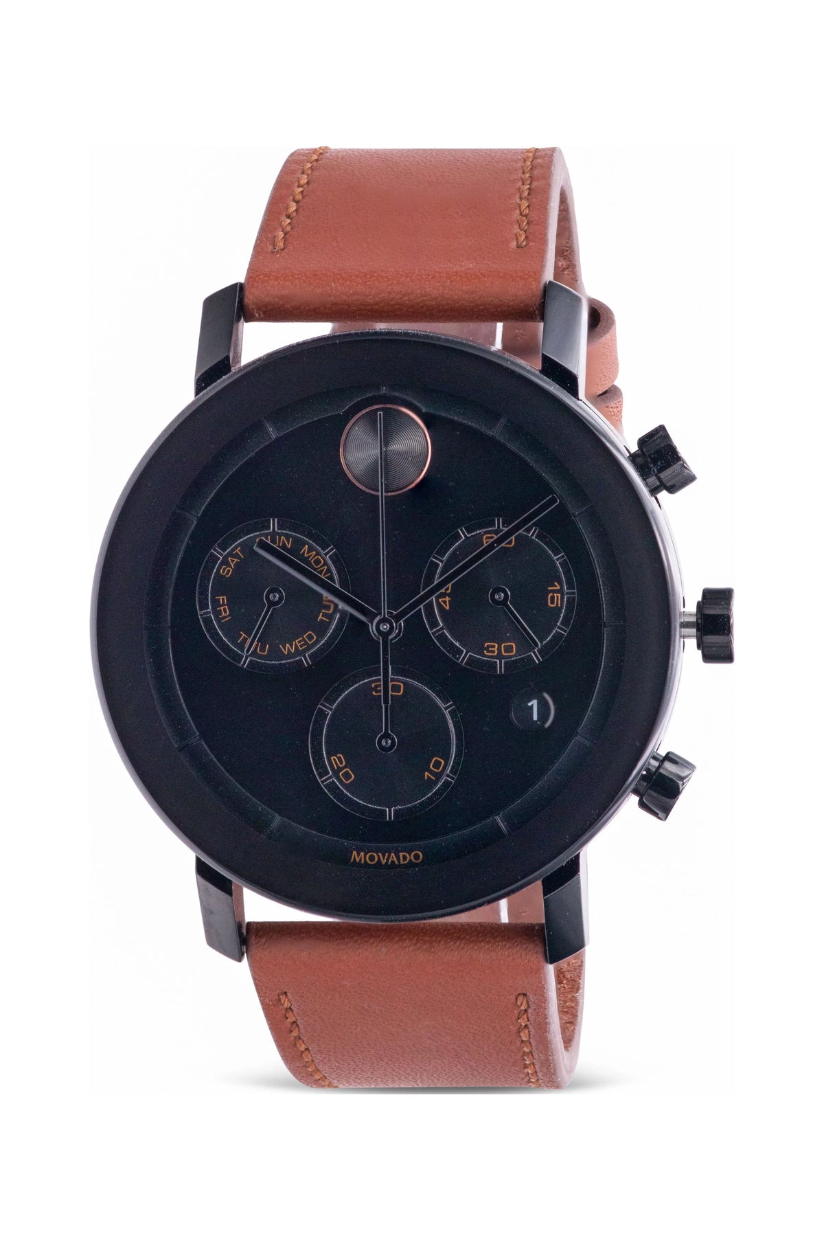 Cognac Black Brown Bold Evolution Ion Leather Mens Chronograph Movado Watch 3600758