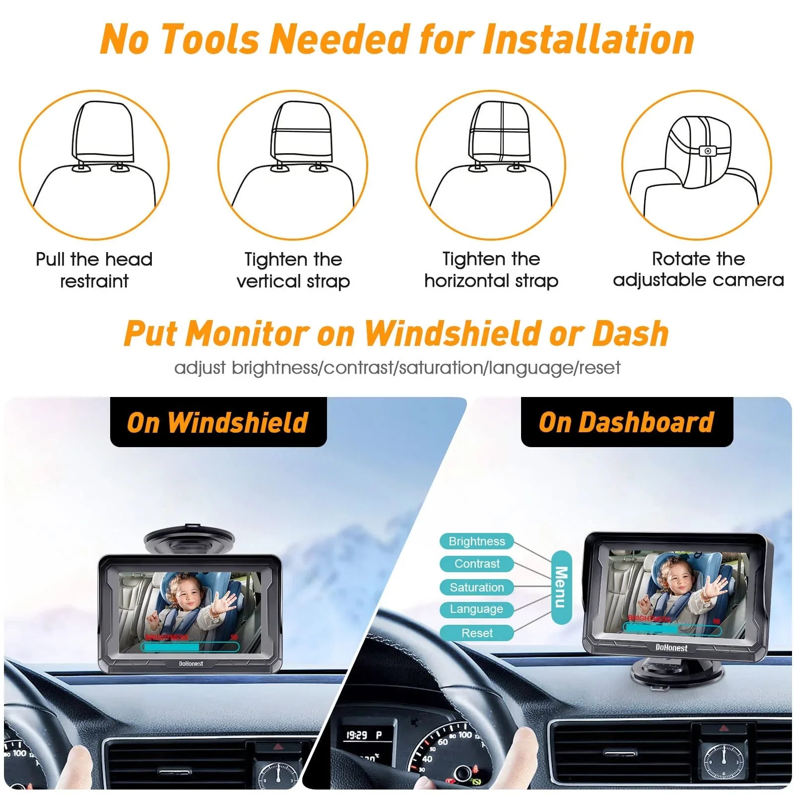 Easy -V33 Backseat DoHonest Vision 3 Plug and Kids 360&deg; Rear Crystal Car Baby Car Camera Night with Play Install 1080P: Two Monitor Facing Camera Rotating Baby Camera Mins