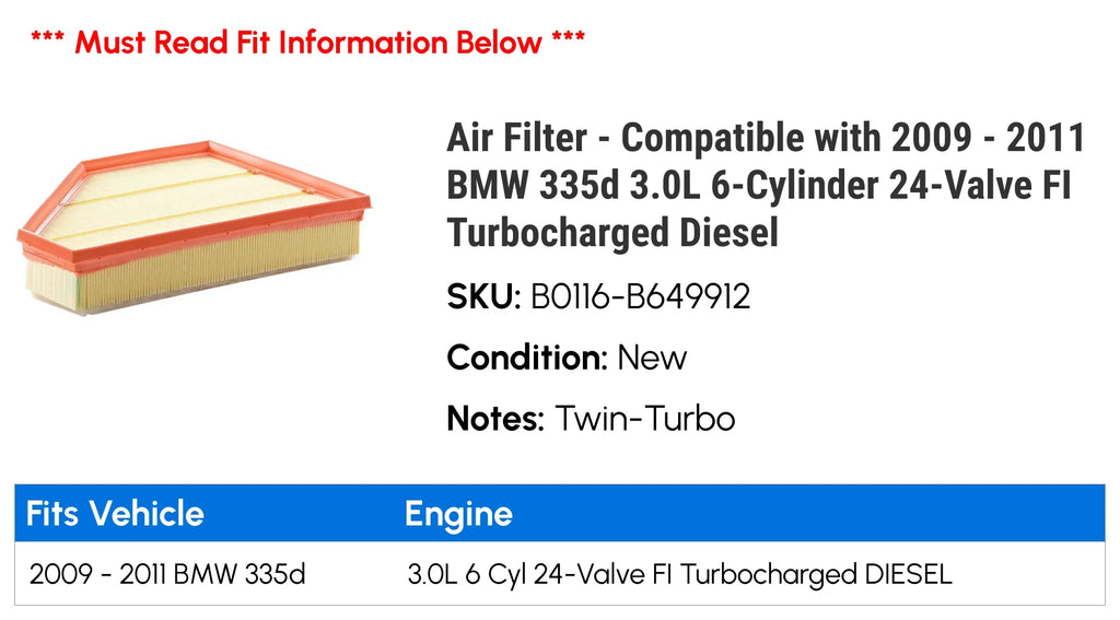 Air 335d 2010 2009 FI - Turbocharged Compatible Filter with Diesel 2011 - 6-Cylinder 24-Valve 3.0L