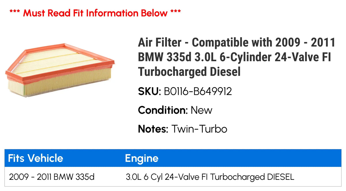 Air 335d 2010 2009 FI - Turbocharged Compatible Filter with Diesel 2011 - 6-Cylinder 24-Valve 3.0L