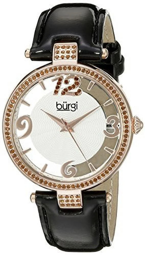 with Strap Rose Watch Black Crystal Women's Gold Leather Thru Quartz BUR150BKR Accents Dial with Swarovski and See