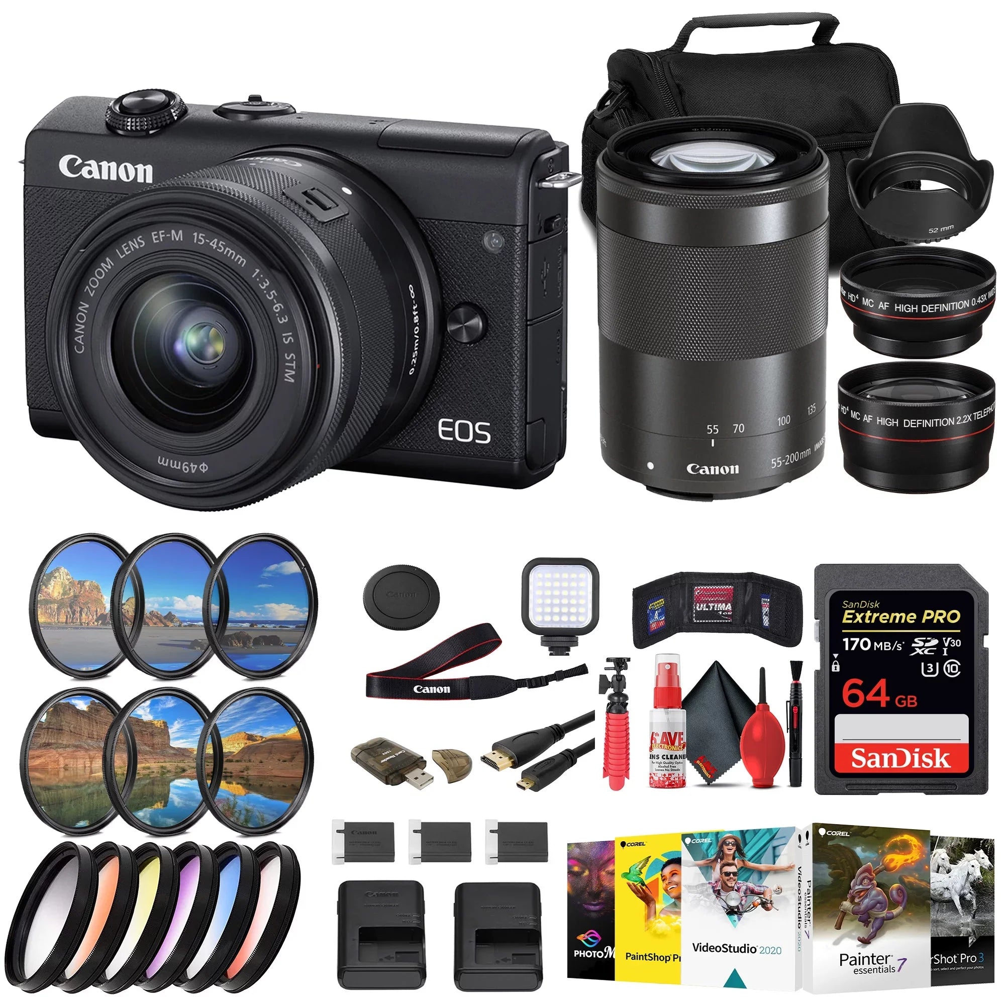 x and Reader Card Filter Color + Canon Mirrorless 55-200mm Card + 64GB Filter LPE12 (3699C009) M200 Charger + (Black) x Kit Camera Battery + 2 Kit 15-45mm with + 2 + Lenses + More