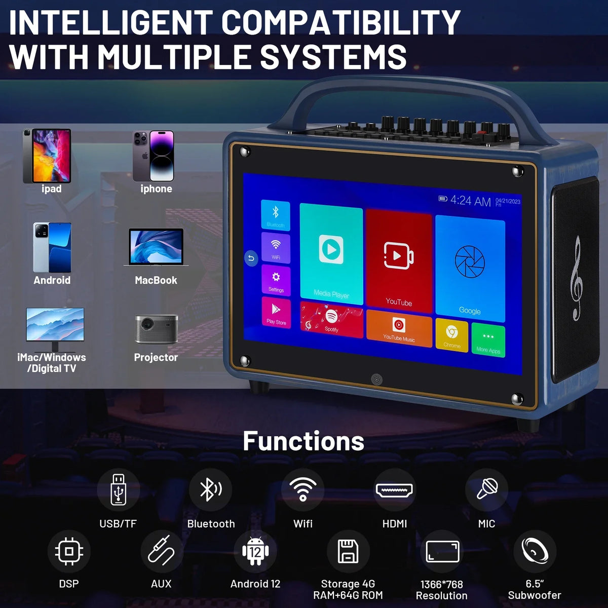 Adults&Kid,14”HD Streaming Machine Loudspeaker Wireless 12/4+64G,Support Portable Systems Screen/Android for Touch Karaoke BT Microphone/WiFi/USB/SD/PC/TV/Phones/HDMI