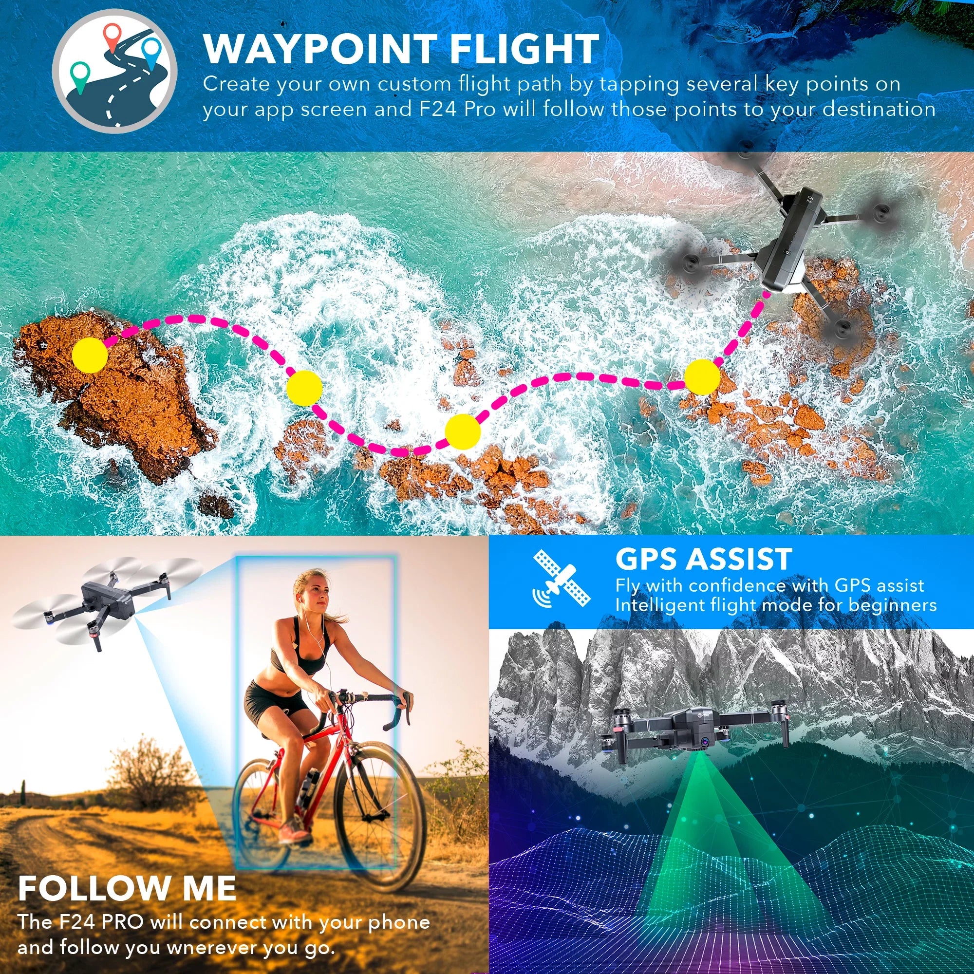 Camera , Brushless Fits Foldable Flight Minutes with Time, Waypoint Adults, 30 Carrying Pro 4K with Case with Motors, for Follow Camera Quadcopter Drone F24 Contixo Me,