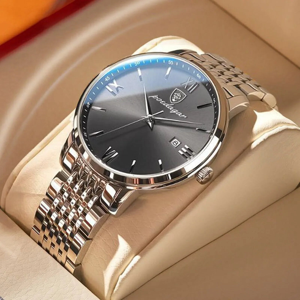 Calender POEDAGAR Cool Luxury Steel Week New Ultra-Thin Quartz Business Stainless Watches Fashion Wristwatch Waterproof Men
