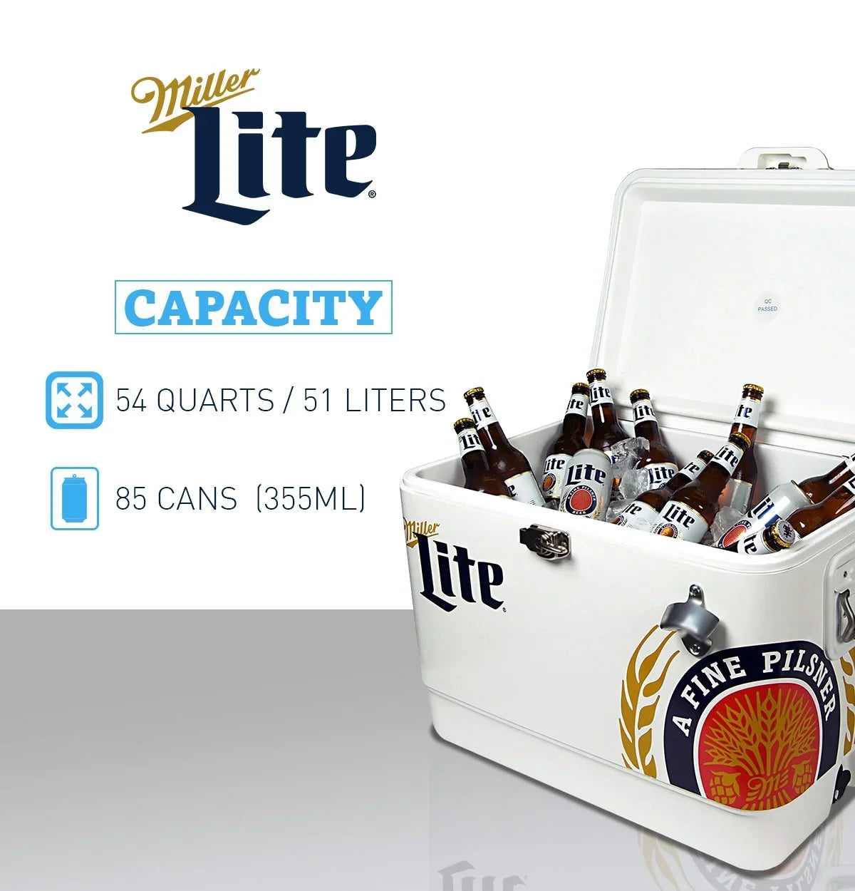 Tailgating, BBQs, RV, and steel-belted Lite Cooler Miller Can with Portable Camping, 51L (54 Cooler, 85 Blue, Beach, White Bottle Chest Opener, Fishing Beverage QT), Ice for