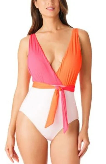 One-Piece Sanctuary Colorblocked Tie-Front Swimsuit, Large