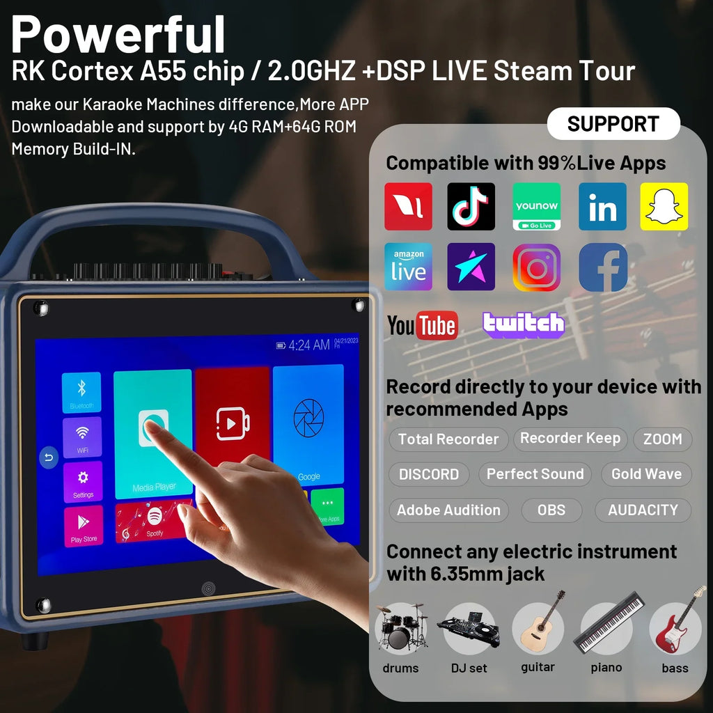 Adults&Kid,14”HD Streaming Machine Loudspeaker Wireless 12/4+64G,Support Portable Systems Screen/Android for Touch Karaoke BT Microphone/WiFi/USB/SD/PC/TV/Phones/HDMI