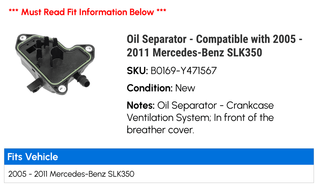2010 2011 - Oil SLK350 Mercedes-Benz - 2005 2007 Separator 2008 2006 with Fits 2009