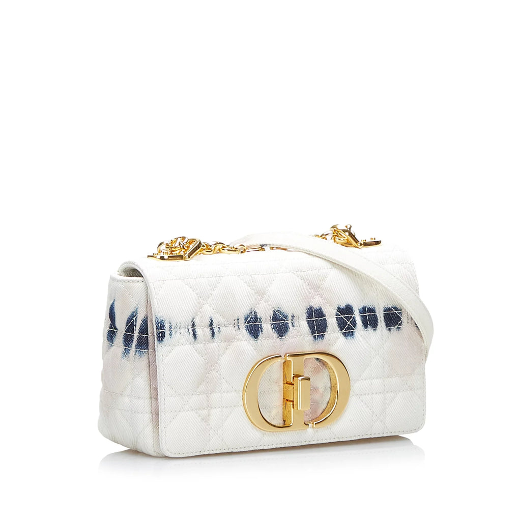 (Good) Fabric Caro Tie Authenticated Small Pre-Owned White Bag Denim Crossbody Dior Dye Unisex