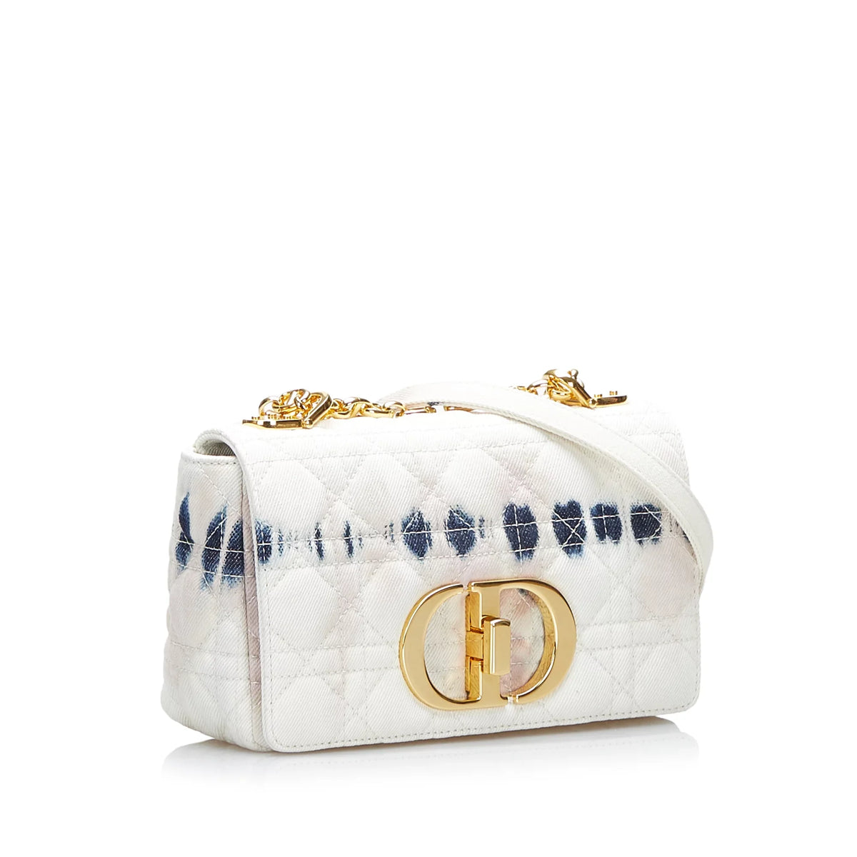 (Good) Fabric Caro Tie Authenticated Small Pre-Owned White Bag Denim Crossbody Dior Dye Unisex
