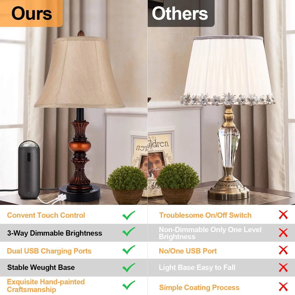 Control Lamp Traditional of Bulbs 2 Bedside 2 Table Dimmable Bedroom Port 4 Nightstand with Lamps, Set Free Sets Lamp 3-Way Nictiv Wooden Lamp with Touch