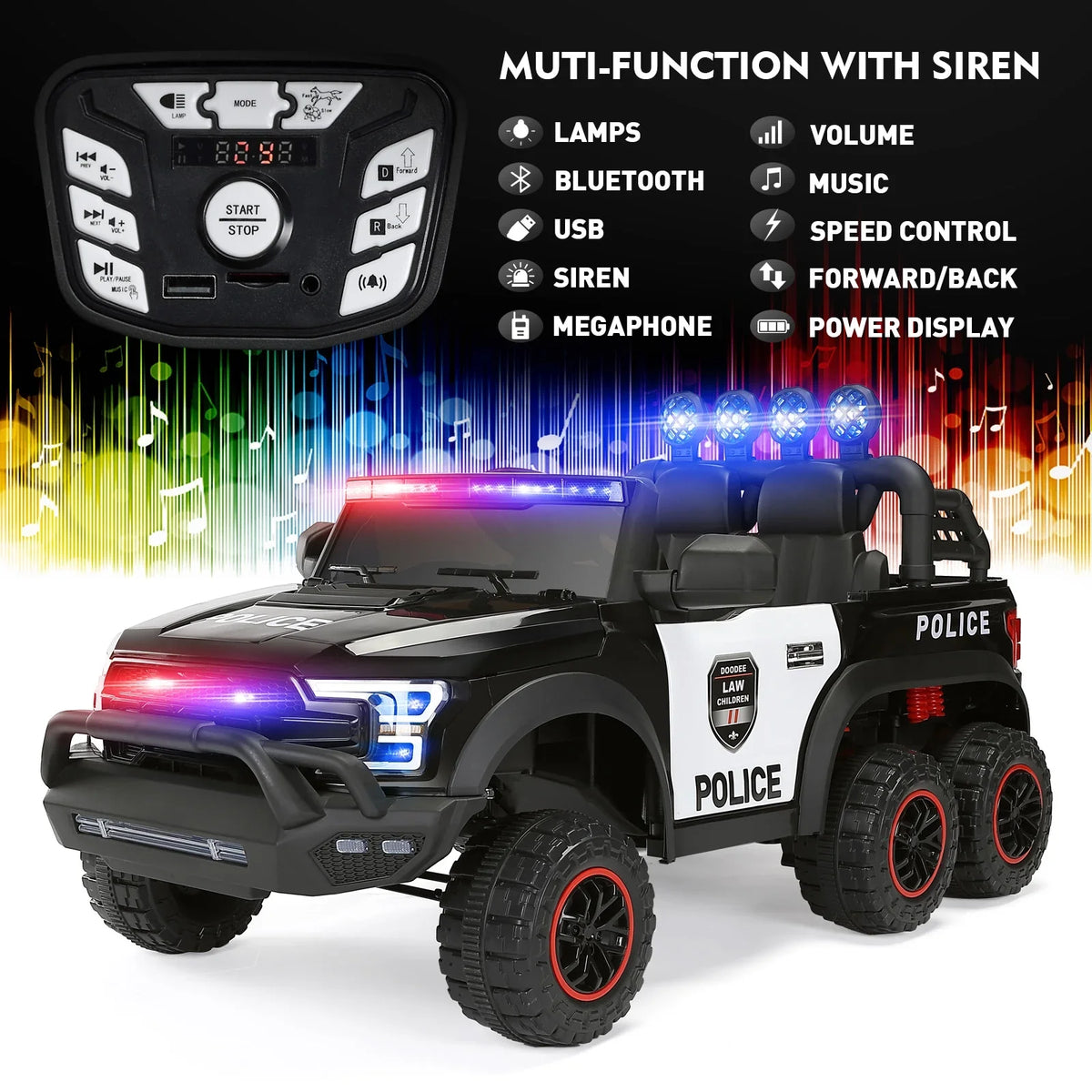 6 with Remote JOYLDIAS Car (Black) Control on Ride Kids Toy Police 12V Wheels
