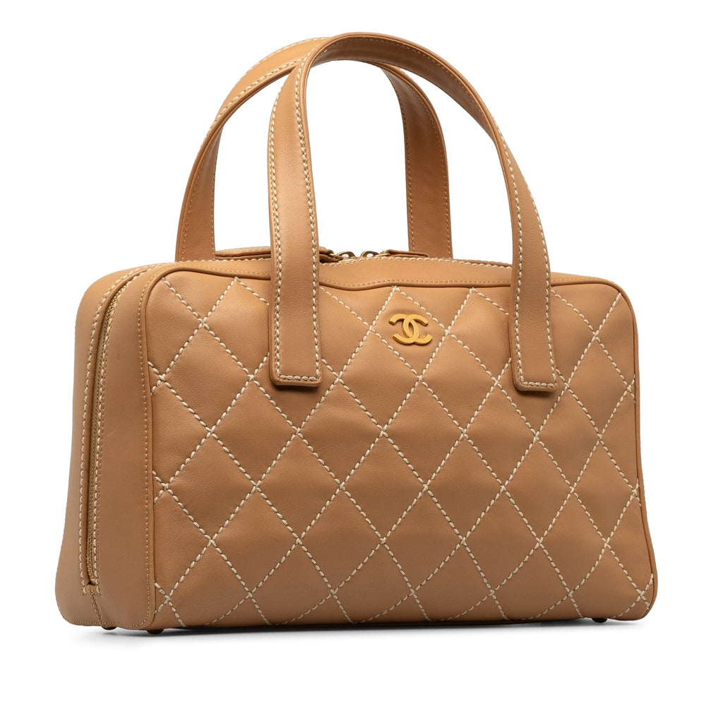Lambskin Authenticated HandleBag Brown Top Leather Handbag (Good) Pre-Owned Stitch Unisex Wild