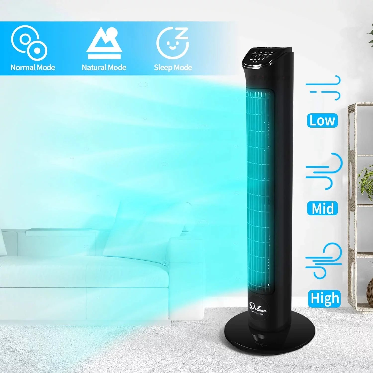 Oscillating Fan 32"Tower 90° Fans, Deluxe Remote, Fan Black with 4 Bladeless Speeds, with Standing Fan, Floor Simple