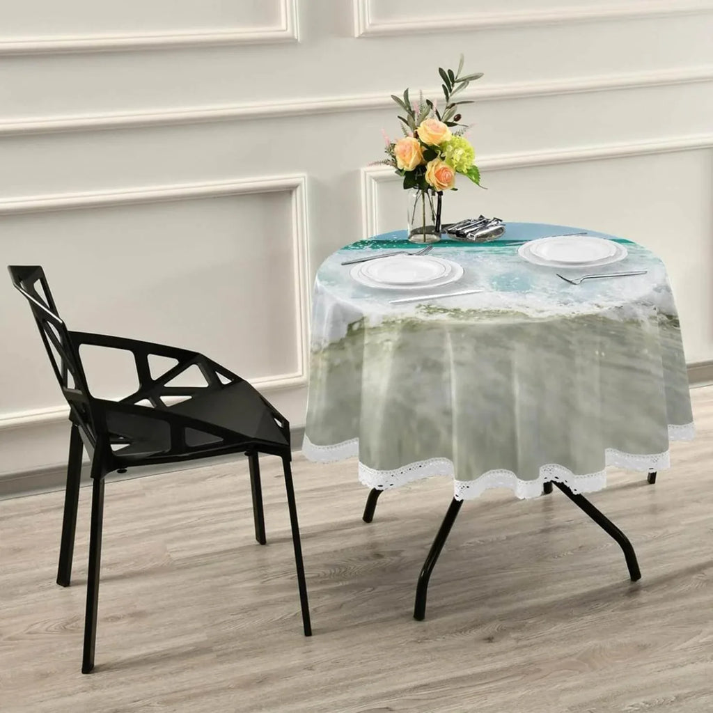 Wrinkle Decor Indoor Party Circular Kitchen Lace Summer for Shield Ocean Wave Round Tablecloth Sea Free, Table 60inch Washable Dining Tropical