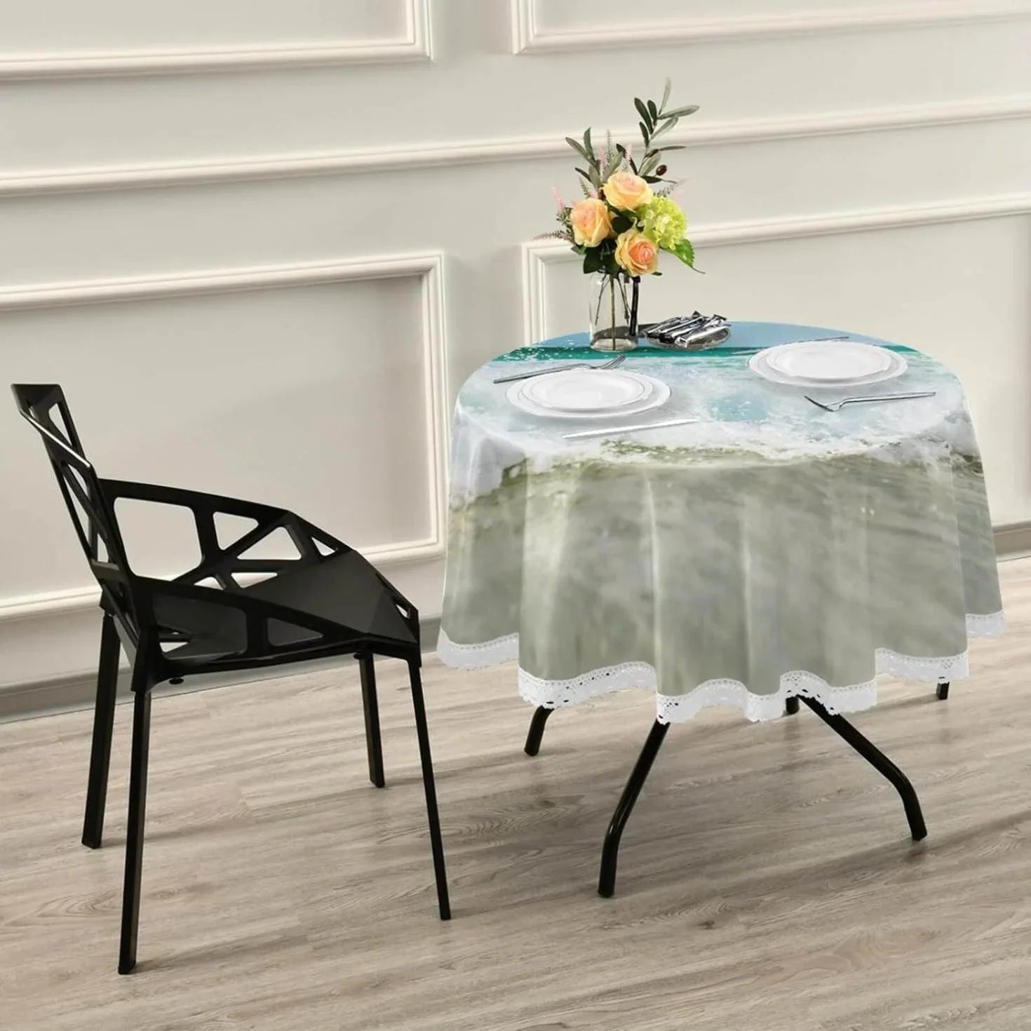Wrinkle Decor Indoor Party Circular Kitchen Lace Summer for Shield Ocean Wave Round Tablecloth Sea Free, Table 60inch Washable Dining Tropical