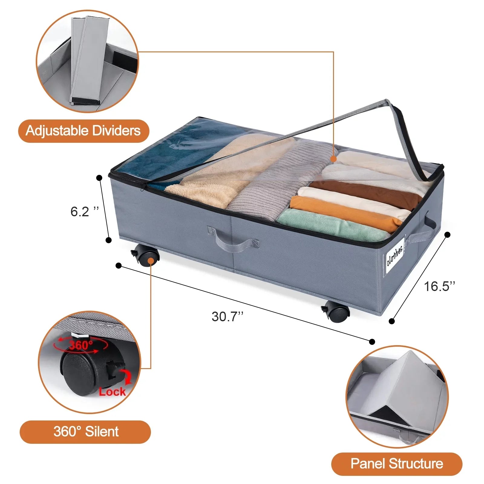 in Storage Drawer Bed Bed Shoe Rigidity with for Underbed Under Large Fabric Storage 42L Wheels, Extra Pack Under and Gray Organizer 2 Containers, Lid Blankets Oxford with Storage Clothes