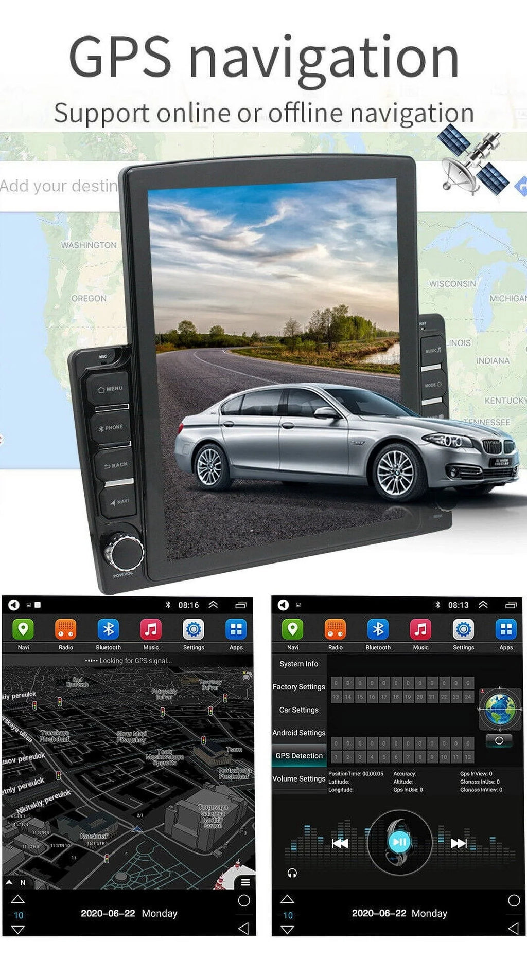 Screen Stereo Reversing Input Navigation Touch KingFurt Radio Music Camera Car 9.7" Universal Bluetooth