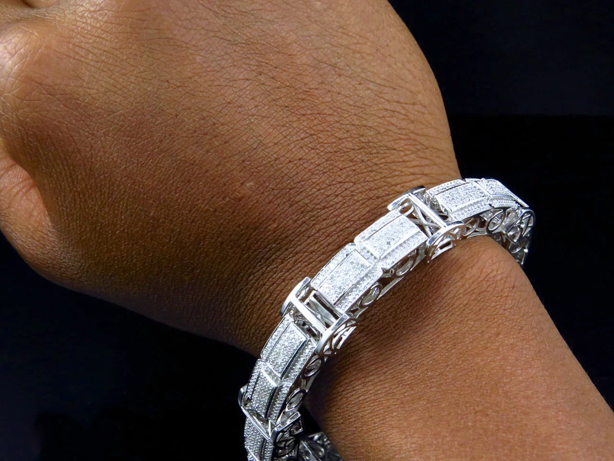 Pave 3D Genuine 10K Men's design Bracelet Gold Bar 15mm White Diamonds 5.5Ct