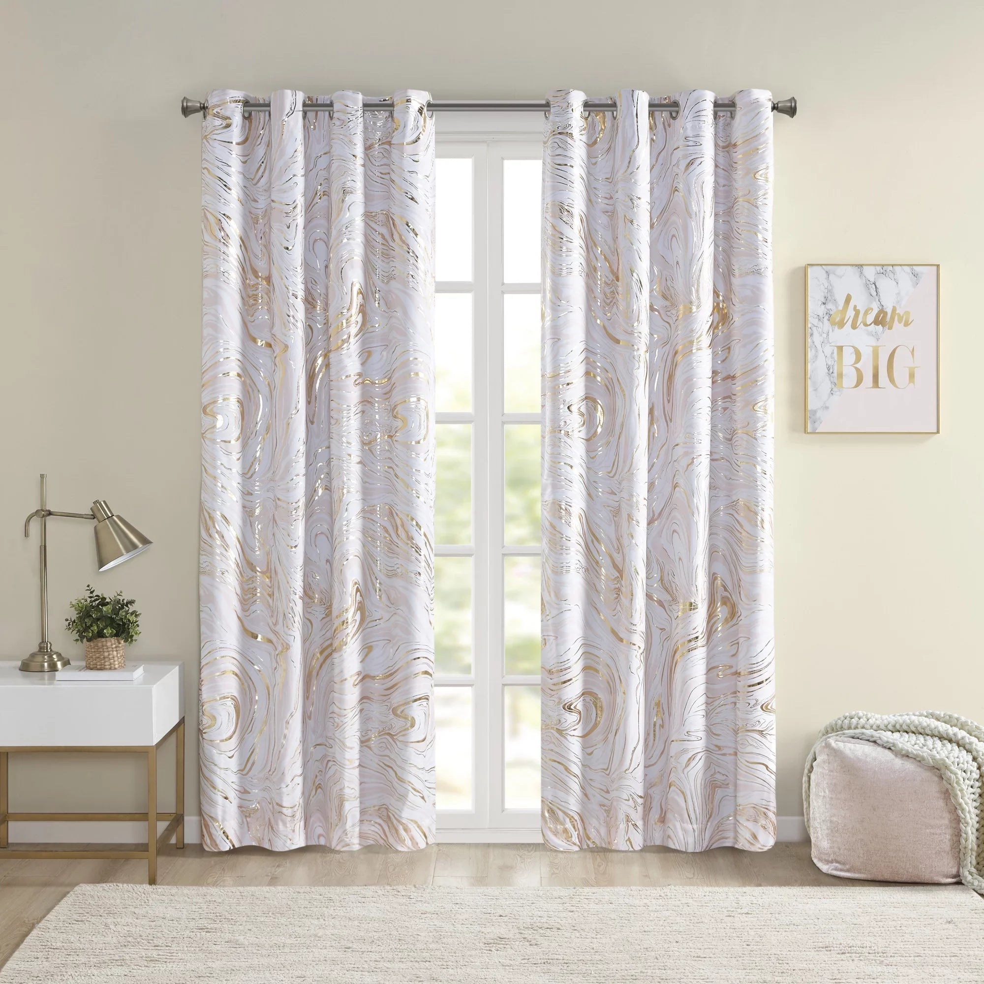 Printed 50x84" Metallic Total Intelligent Grommet Blush/Gold, Blackout Top Design Marble Curtain, Rebecca