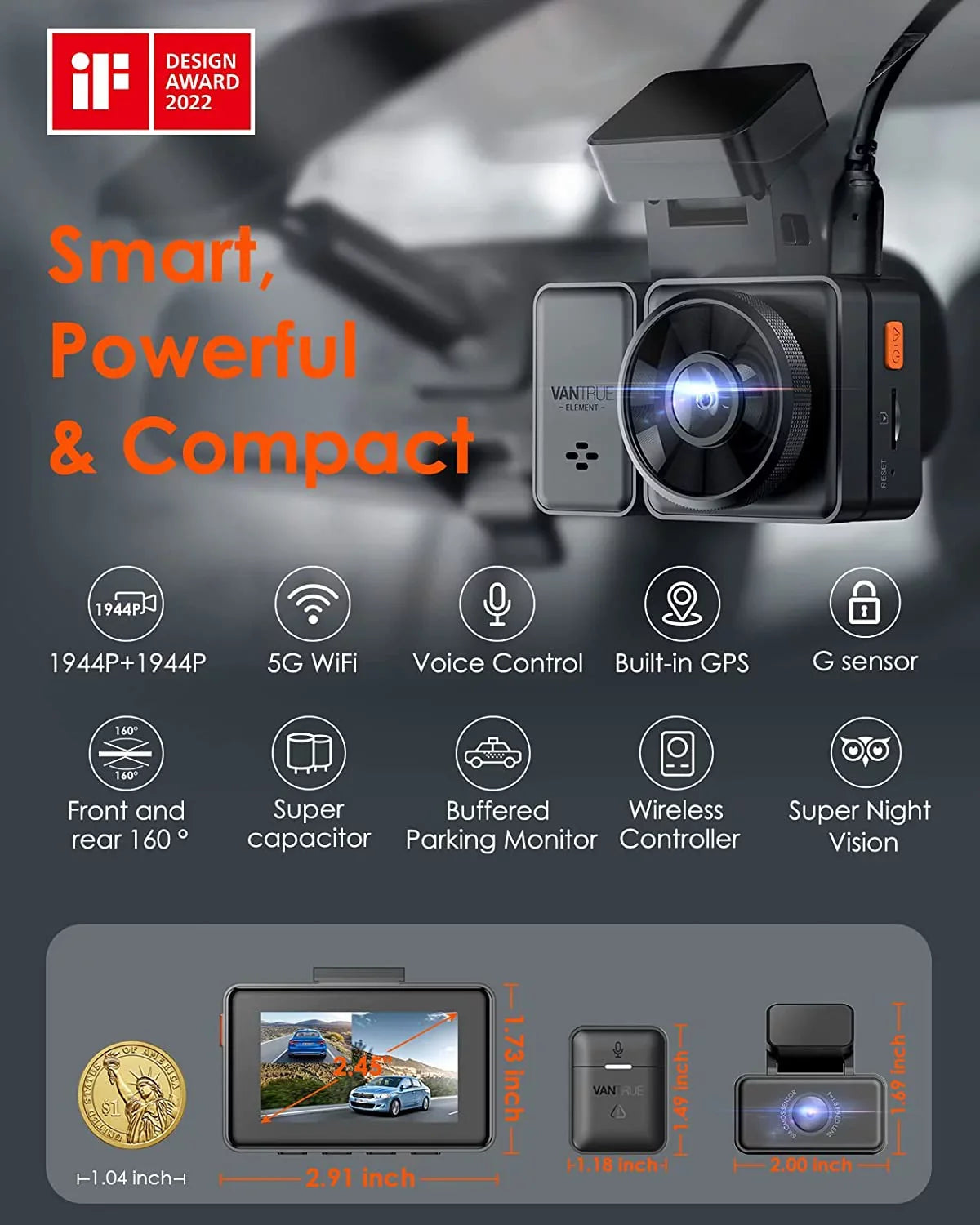 Car Camera, with Rear 2.5K WiFi, Support Motion GPS 1944P+1944P Cam E2 Voice Detection, Control, Vision, Front Parking Dual Vantrue & and Buffered 5G Capacitor, Dash Enhanced 24hrs Night 512GB Mode,