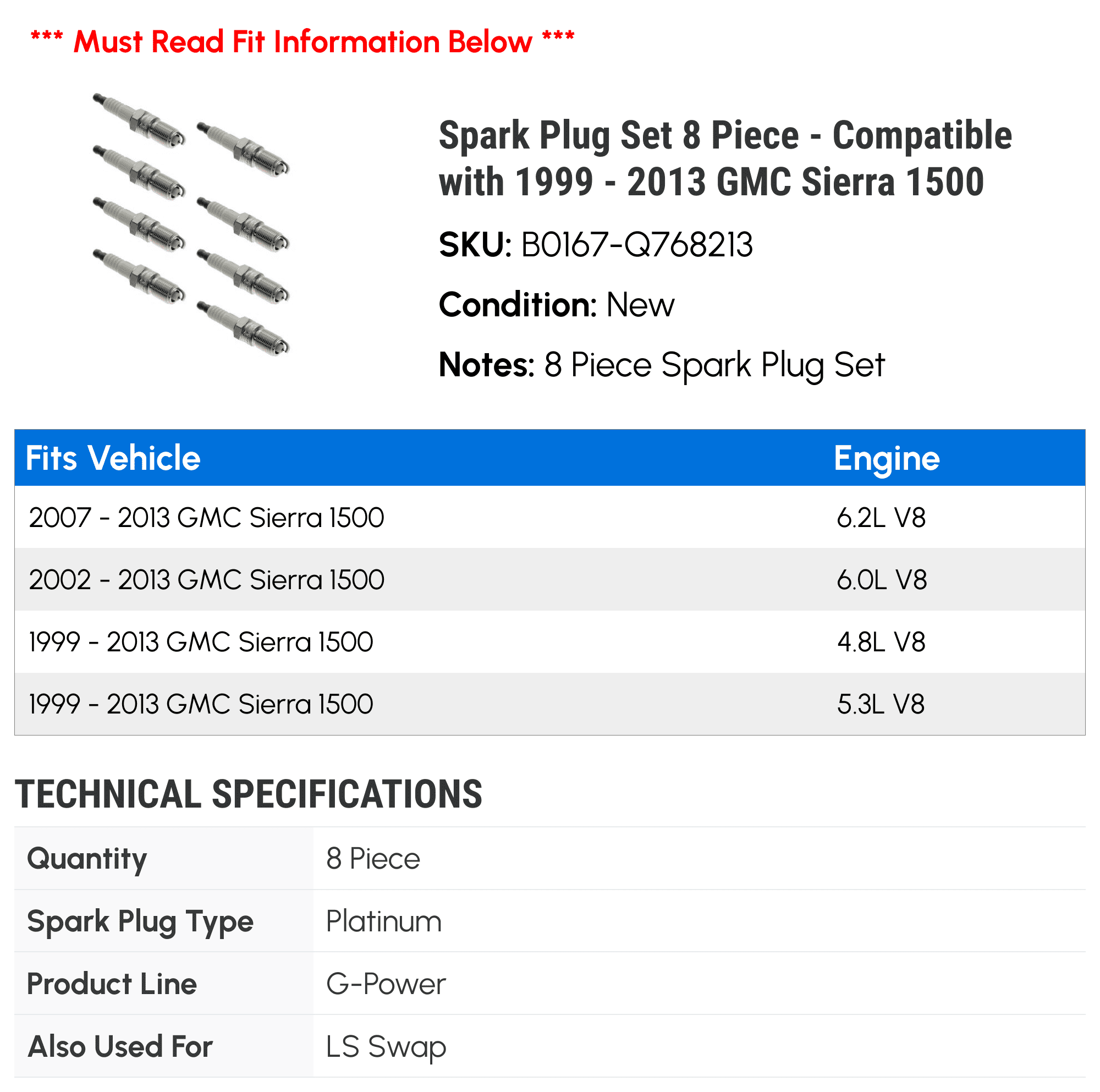 1999 1500 2012 2010 Set Sierra Fits 2005 2004 8 2007 2009 2000 Spark 2002 2011 Plug 2008 - Piece 2001 2003 with - 2006 2013