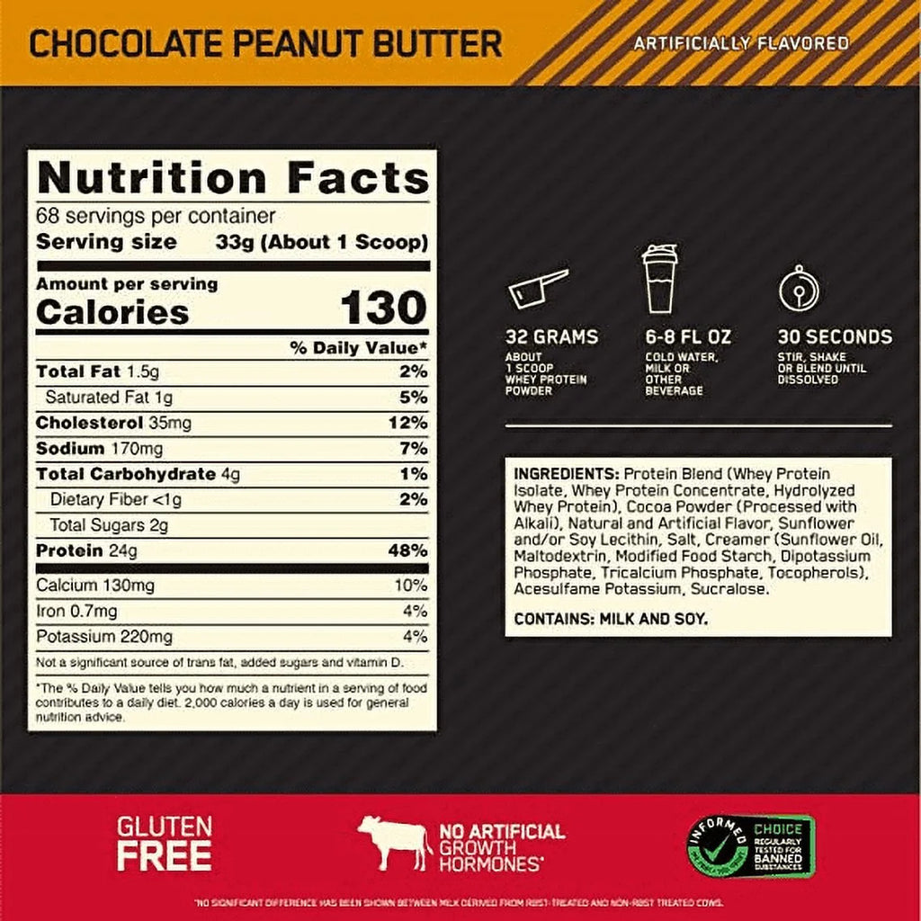 Chocolate Whey Gold Servings Standard Powder, Peanut 100% 5 Butter, lb, Nutrition, Optimum Protein 68