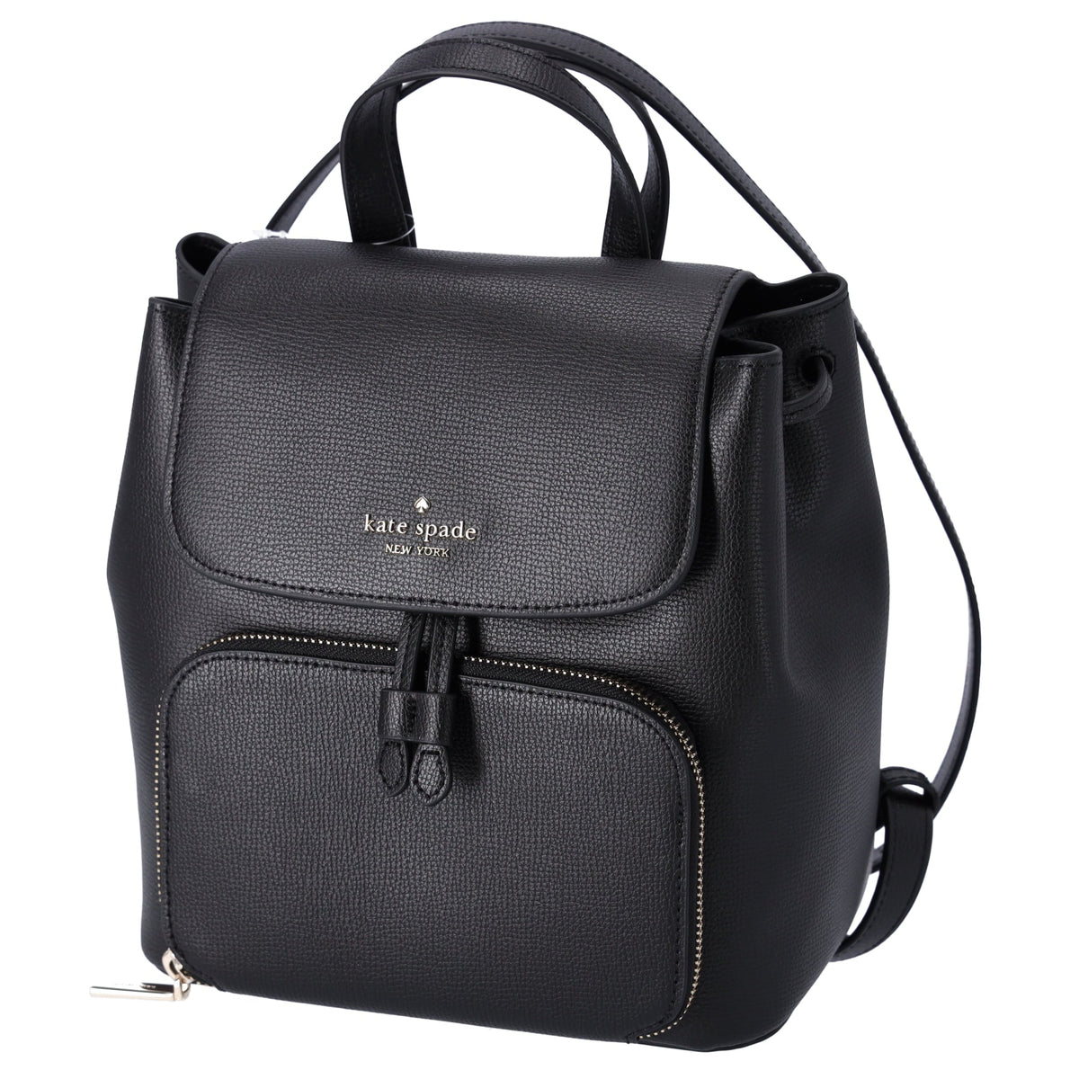 Kristi Spade Leather Flap Black Kate Medium Refined Grain Drawstring Backpack
