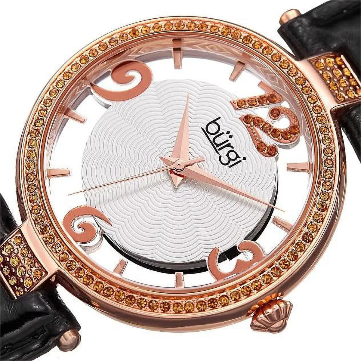 with Strap Rose Watch Black Crystal Women's Gold Leather Thru Quartz BUR150BKR Accents Dial with Swarovski and See