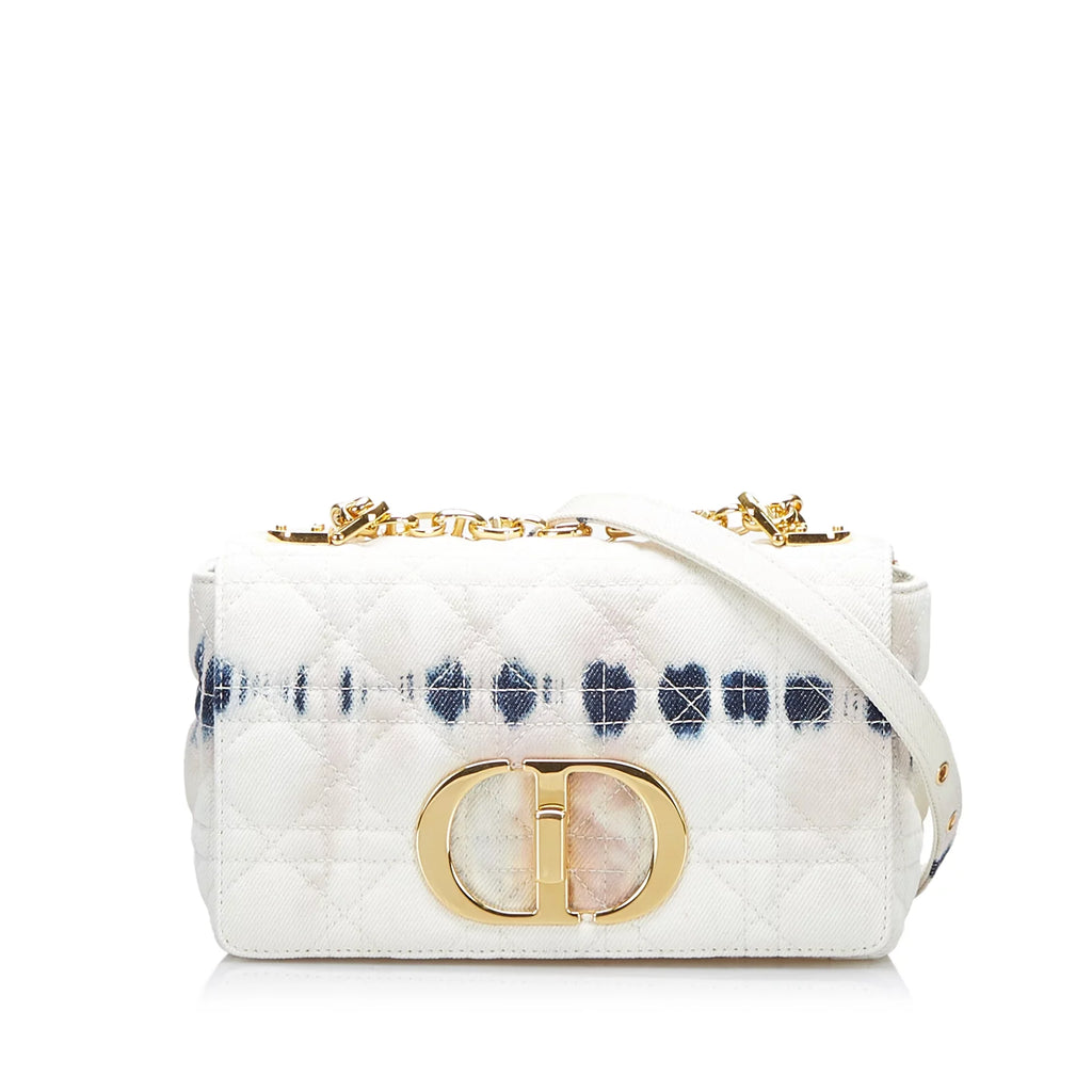 (Good) Fabric Caro Tie Authenticated Small Pre-Owned White Bag Denim Crossbody Dior Dye Unisex