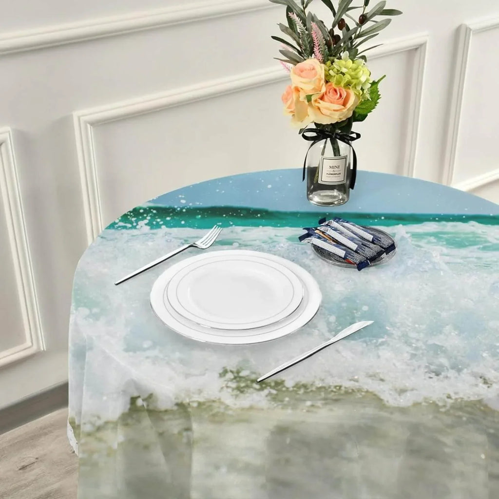 Wrinkle Decor Indoor Party Circular Kitchen Lace Summer for Shield Ocean Wave Round Tablecloth Sea Free, Table 60inch Washable Dining Tropical