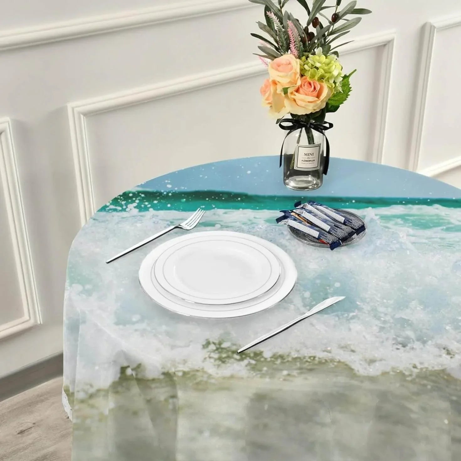 Wrinkle Decor Indoor Party Circular Kitchen Lace Summer for Shield Ocean Wave Round Tablecloth Sea Free, Table 60inch Washable Dining Tropical