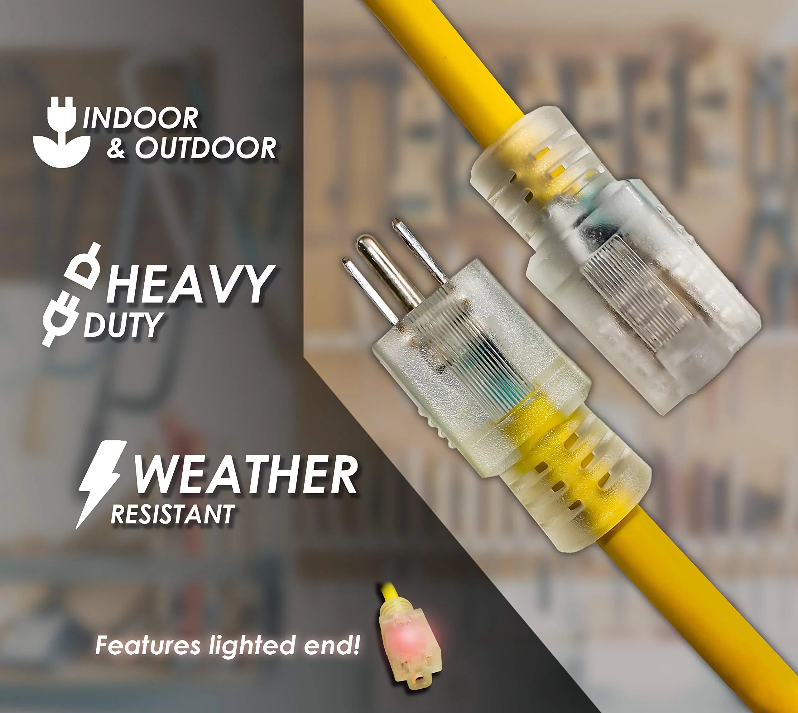 Yellow 3 Gauge, 1250W, Durable , & Flexible, Abrasion Oil 16 Cord 100 & Extension Lighted, Plug 125V, ft Smart - Fits. Prong, Use, 10 Outdoor Indoor LifeSupplyUSA Defensive,