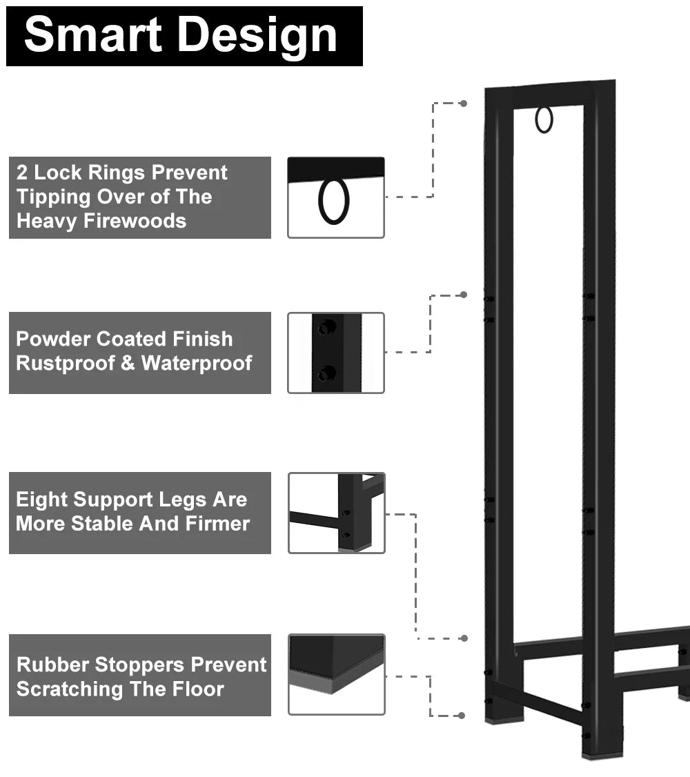 for Wood Storage, Stand, Outdoor Fire Koutemie Stacker Fireplace Adjustable Rack Black Firewood Log 8Ft Holder